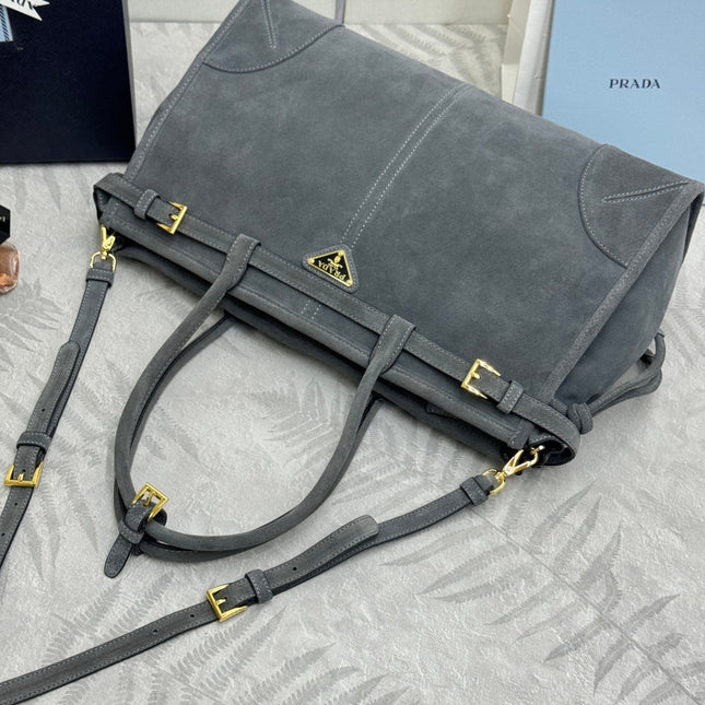 PRADA 25S BONNIE LARGE HANDBAG 38 IN DARK GRAY SUEDE GOLD HARDWARE