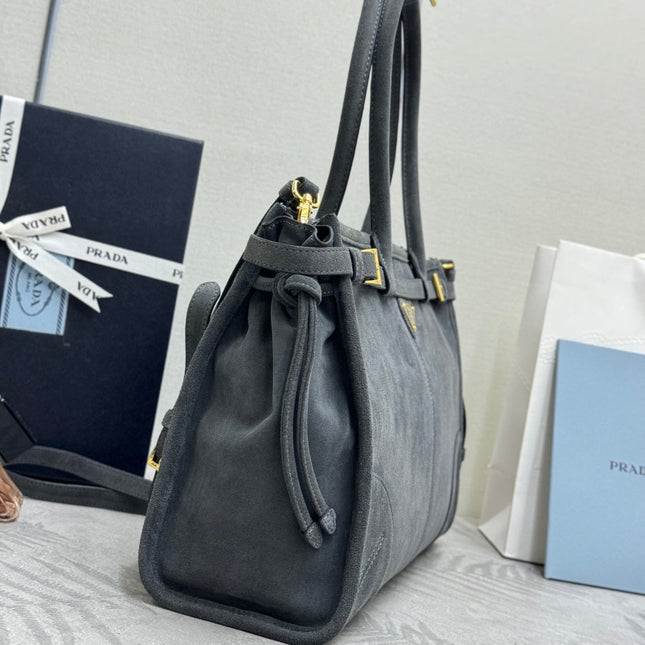PRADA 25S BONNIE LARGE HANDBAG 38 IN DARK GRAY SUEDE GOLD HARDWARE