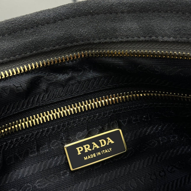 PRADA 25S BONNIE LARGE HANDBAG 38 IN DARK GRAY SUEDE GOLD HARDWARE