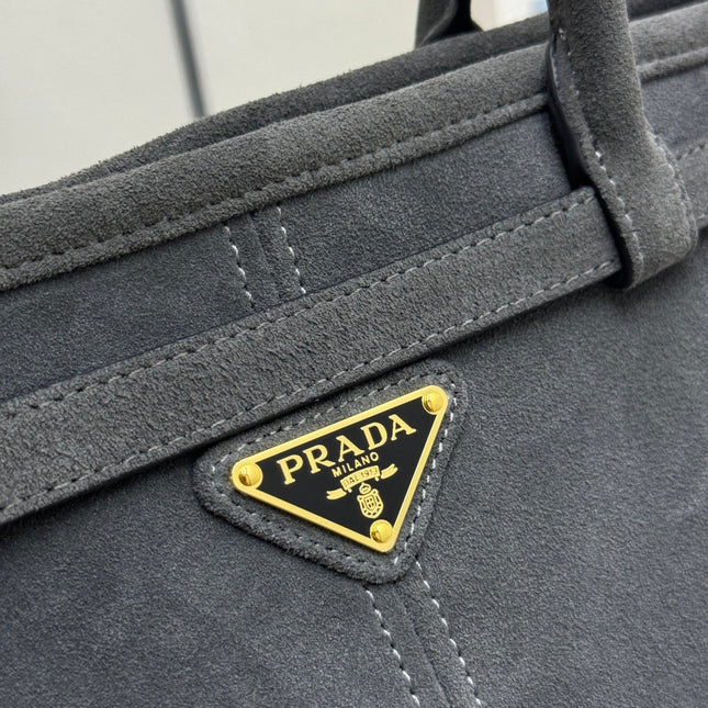 PRADA 25S BONNIE LARGE HANDBAG 38 IN DARK GRAY SUEDE GOLD HARDWARE