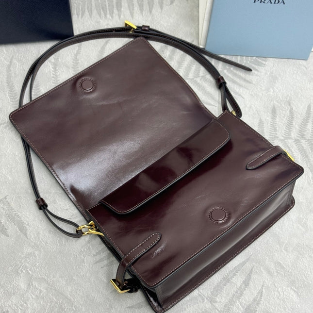 PRADA 25S SHOULDER BAG 23 IN DARK BROWN CALFSKIN GOLD HARDWARE