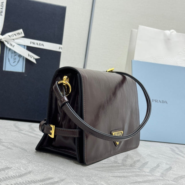 PRADA 25S SHOULDER BAG 23 IN DARK BROWN CALFSKIN GOLD HARDWARE