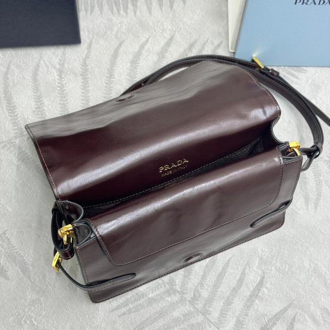 PRADA 25S SHOULDER BAG 23 IN DARK BROWN CALFSKIN GOLD HARDWARE