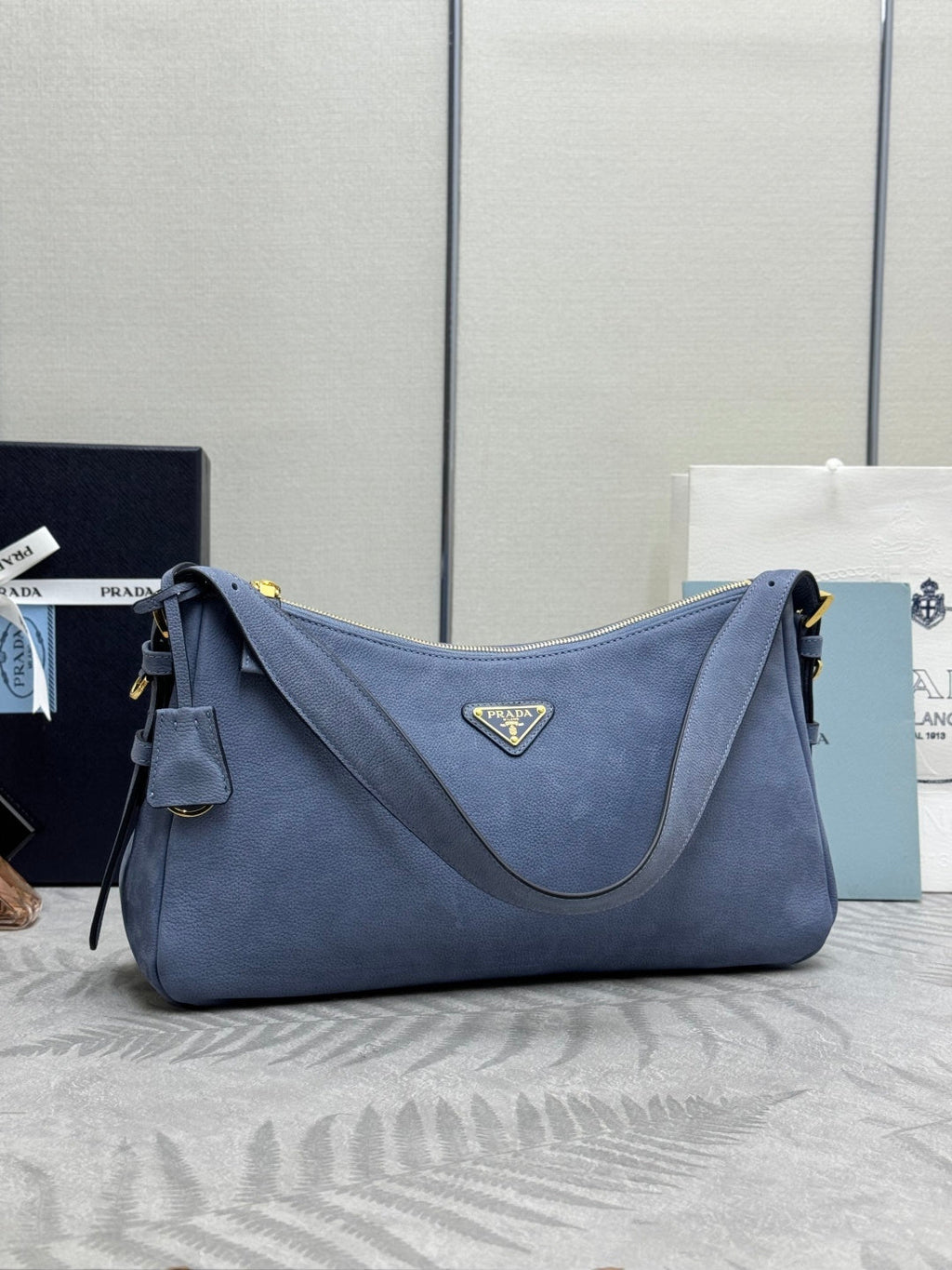 PRADA 26S SHOULDER BAG 36 IN DUSTY BLUE LEATHER