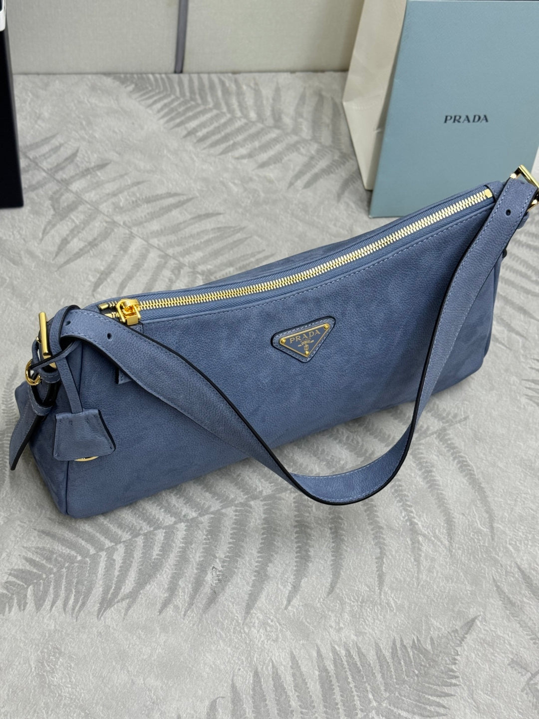 PRADA 26S SHOULDER BAG 36 IN DUSTY BLUE LEATHER