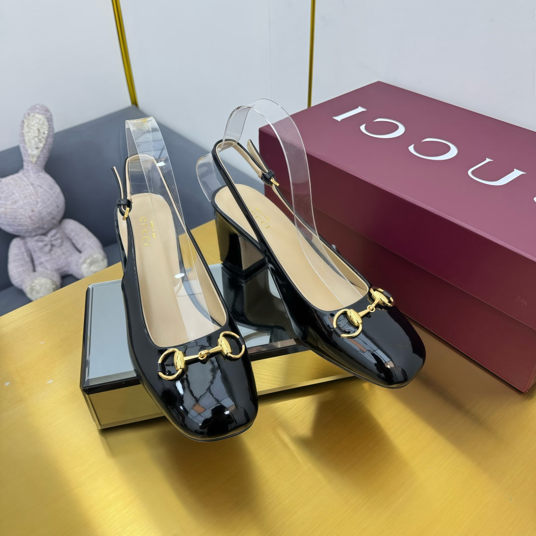 GG HIGH HEELS 65 IN BLACK GLOSSY LEATHER WITH GOLD HARDWARE