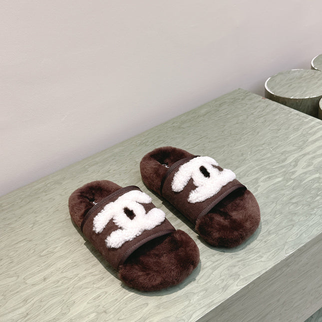 CHANEL 25S FUR SLIPPERS DOUBLE-LAYERED IN DARK BROWN WITH WHITE CC LOGO