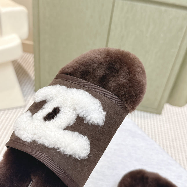 CHANEL 25S FUR SLIPPERS DOUBLE-LAYERED IN DARK BROWN WITH WHITE CC LOGO