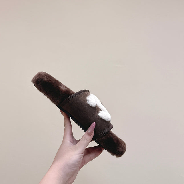 CHANEL 25S FUR SLIPPERS DOUBLE-LAYERED IN DARK BROWN WITH WHITE CC LOGO