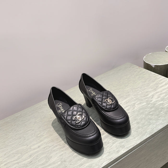 CHANEL 25S HIGH-HEELED MOCCASINS 80MM IN BLACK CALFSKIN GOLD HARDWARE