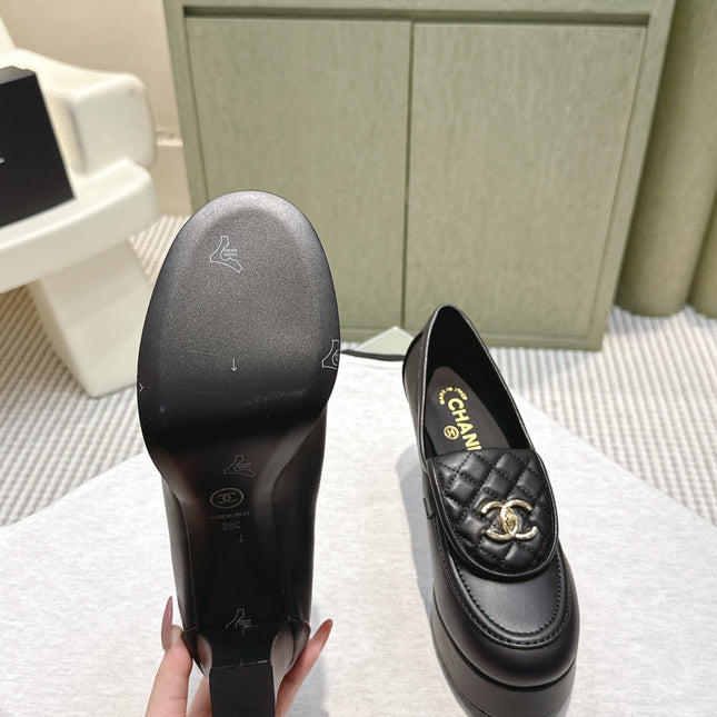 CHANEL 25S HIGH-HEELED MOCCASINS 80MM IN BLACK CALFSKIN GOLD HARDWARE