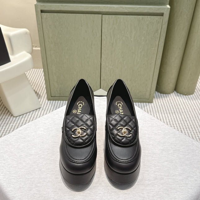 CHANEL 25S HIGH-HEELED MOCCASINS 80MM IN BLACK CALFSKIN GOLD HARDWARE