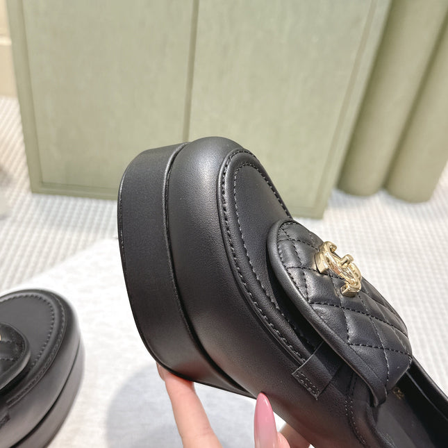 CHANEL 25S HIGH-HEELED MOCCASINS 80MM IN BLACK CALFSKIN GOLD HARDWARE