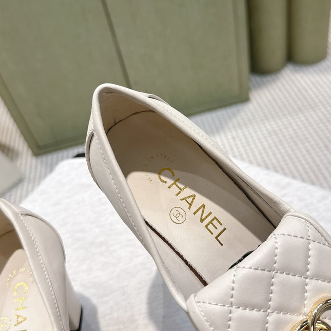 CHANEL 25S HIGH-HEELED MOCCASINS 80MM IN WHITE CALFSKIN GOLD HARDWARE