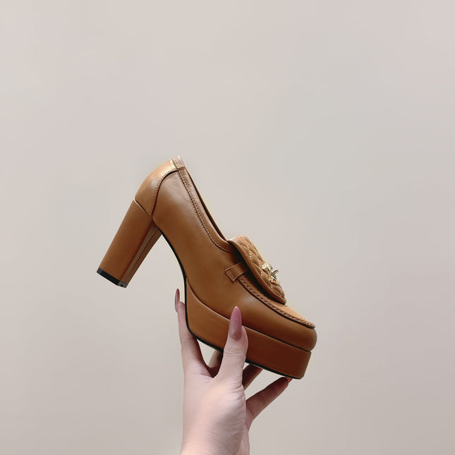CHANEL 25S HIGH-HEELED MOCCASINS 80MM IN CARAMEL CALFSKIN GOLD HARDWARE