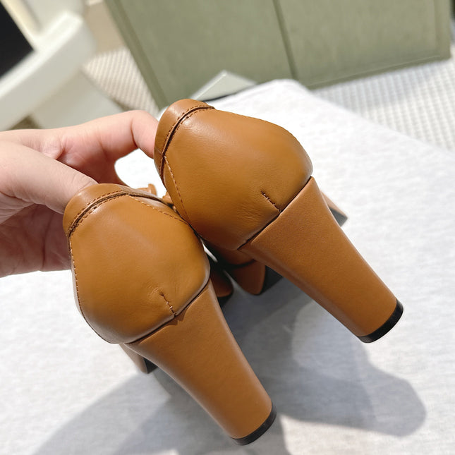 CHANEL 25S HIGH-HEELED MOCCASINS 80MM IN CARAMEL CALFSKIN GOLD HARDWARE