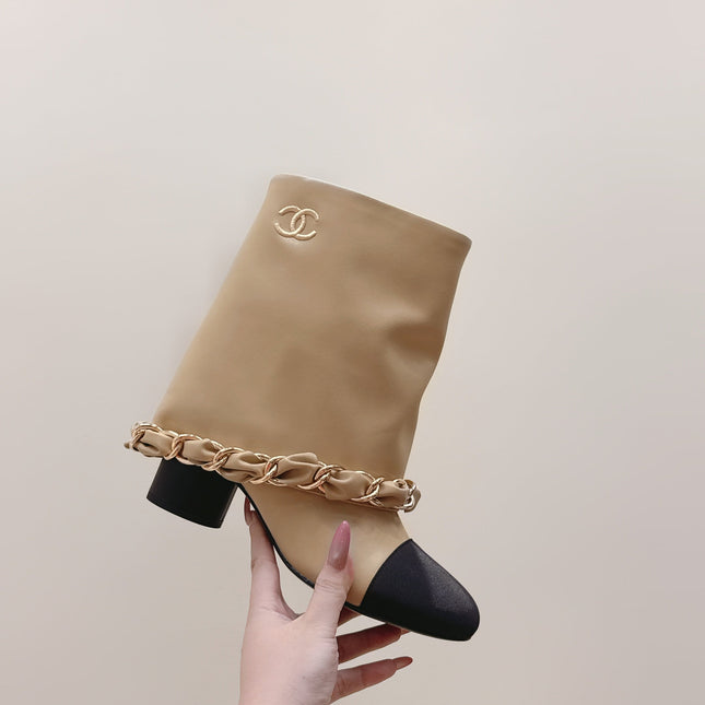 CHANEL 25S CALF-LENGTH BOOTS 45MM IN BEIGE AND BLACK CALFSKIN GOLD HARDWARE