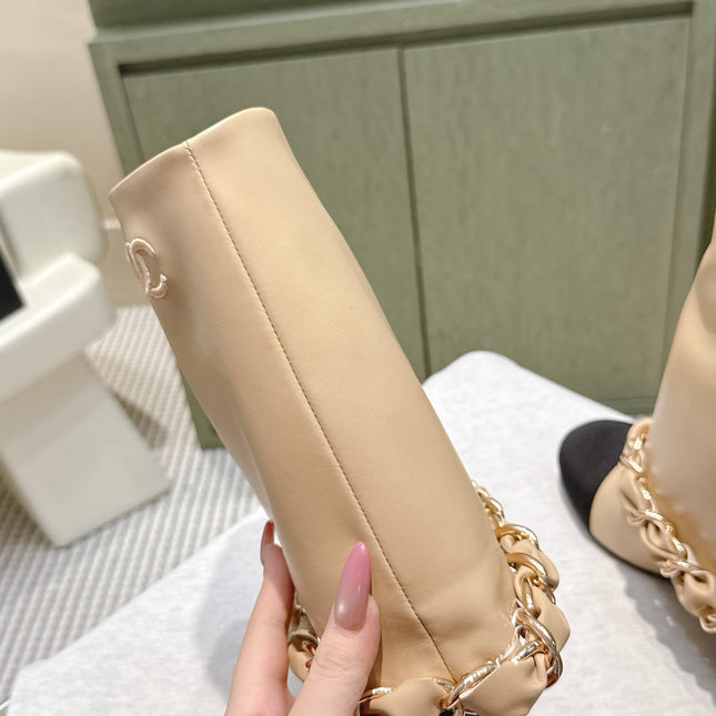 CHANEL 25S CALF-LENGTH BOOTS 45MM IN BEIGE AND BLACK CALFSKIN GOLD HARDWARE