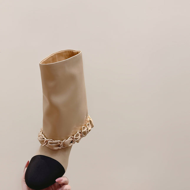 CHANEL 25S CALF-LENGTH BOOTS 45MM IN BEIGE AND BLACK CALFSKIN GOLD HARDWARE