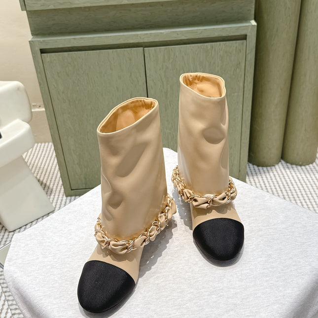 CHANEL 25S CALF-LENGTH BOOTS 45MM IN BEIGE AND BLACK CALFSKIN GOLD HARDWARE