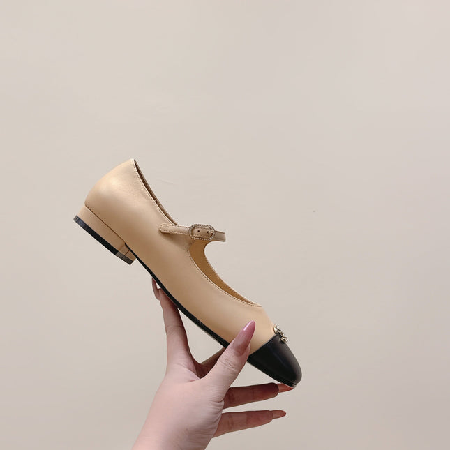 CHANEL 25S MARY JANE FLATS IN BEIGE LAMBSKIN WITH BLACK CAP TOE SILVER HARDWARE