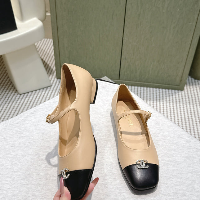 CHANEL 25S MARY JANE FLATS IN BEIGE LAMBSKIN WITH BLACK CAP TOE SILVER HARDWARE