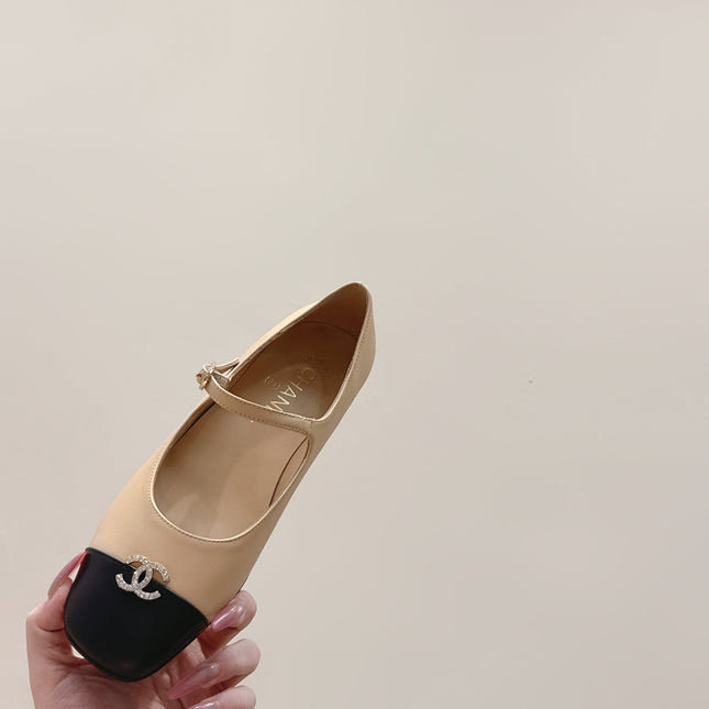 CHANEL 25S MARY JANE FLATS IN BEIGE LAMBSKIN WITH BLACK CAP TOE SILVER HARDWARE