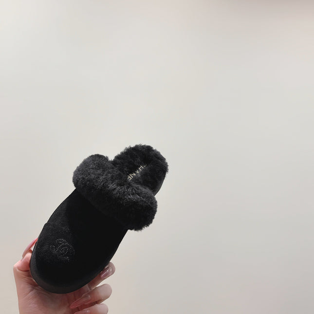CHANEL 25S FUR-LINED MULES IN BLACK SUEDE