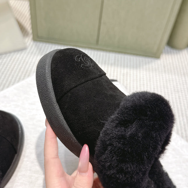 CHANEL 25S FUR-LINED MULES IN BLACK SUEDE