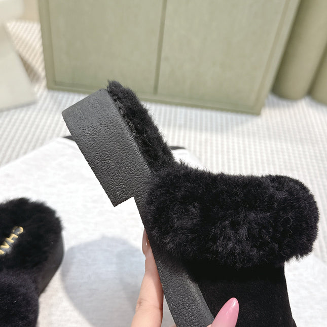 CHANEL 25S FUR-LINED MULES IN BLACK SUEDE