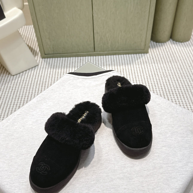 CHANEL 25S FUR-LINED MULES IN BLACK SUEDE