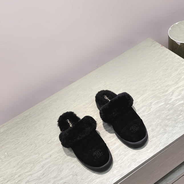 CHANEL 25S FUR-LINED MULES IN BLACK SUEDE