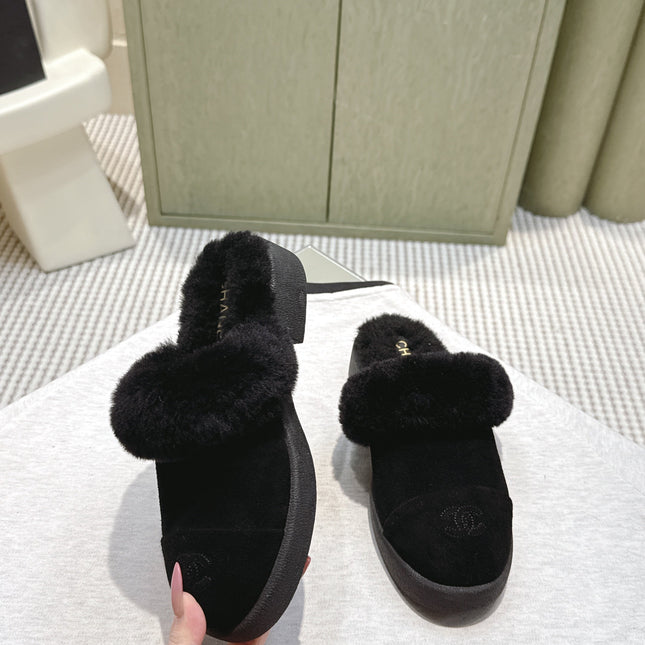 CHANEL 25S FUR-LINED MULES IN BLACK SUEDE