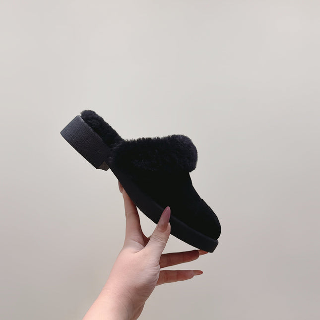 CHANEL 25S FUR-LINED MULES IN BLACK SUEDE