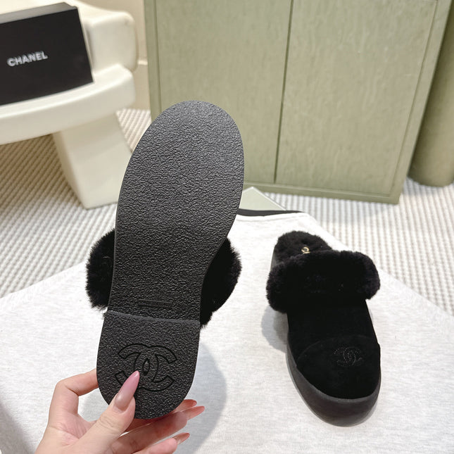 CHANEL 25S FUR-LINED MULES IN BLACK SUEDE