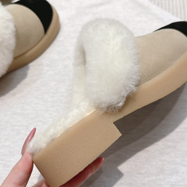 CHANEL 25S FUR-LINED MULES IN BEIGE AND BLACK SUEDE