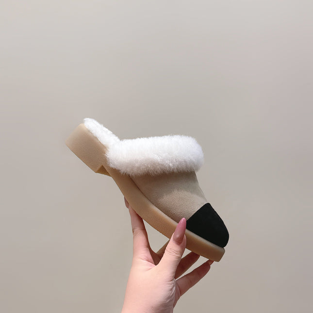 CHANEL 25S FUR-LINED MULES IN BEIGE AND BLACK SUEDE