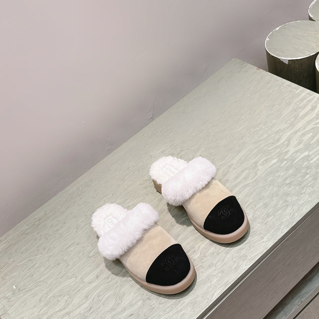 CHANEL 25S FUR-LINED MULES IN BEIGE AND BLACK SUEDE