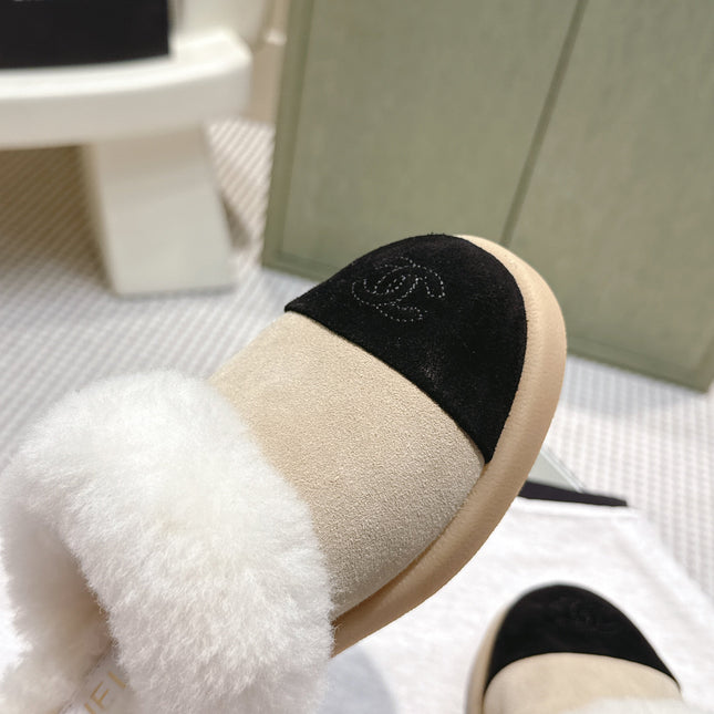 CHANEL 25S FUR-LINED MULES IN BEIGE AND BLACK SUEDE