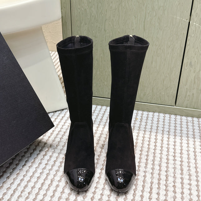 CHANEL 25S PEARL BOOTS IN BLACK SUEDE AND PATENT CALFSKIN