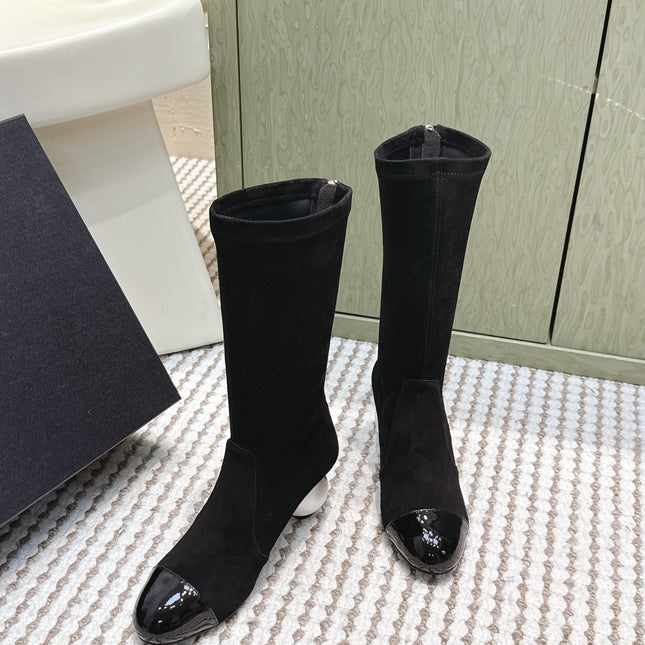 CHANEL 25S PEARL BOOTS IN BLACK SUEDE AND PATENT CALFSKIN