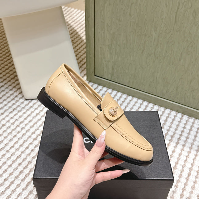CHANEL 25S GODDESS FLAT LOAFERS IN WARM BEIGE CALFSKIN GOLD HARDWARE
