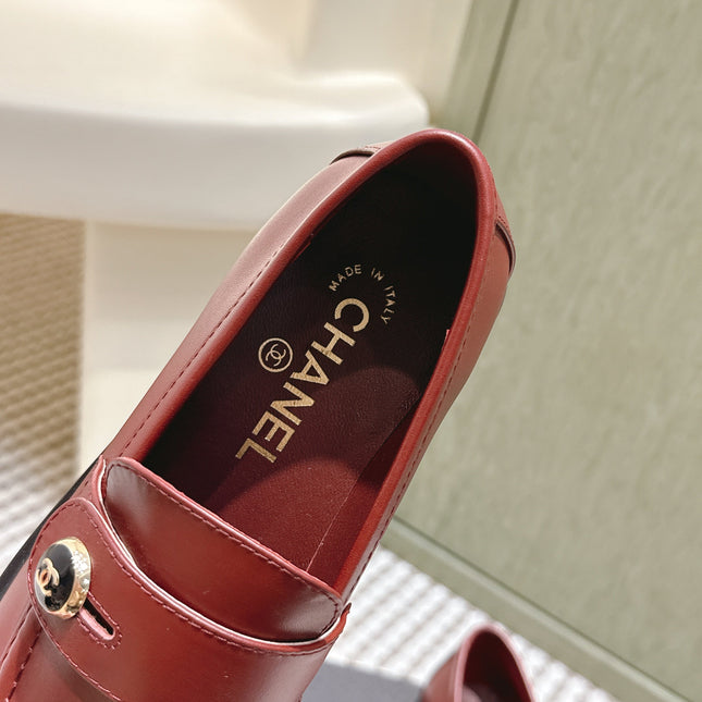 CHANEL 25S GODDESS FLAT LOAFERS IN DARK RED CALFSKIN GOLD HARDWARE