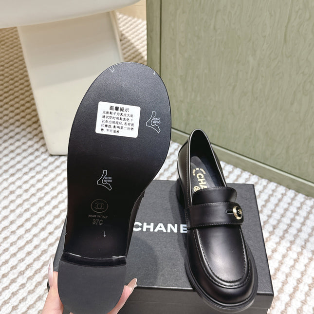 CHANEL 25S GODDESS MOCCASIN LOAFERS 65MM IN BLACK CALFSKIN GOLD HARDWARE