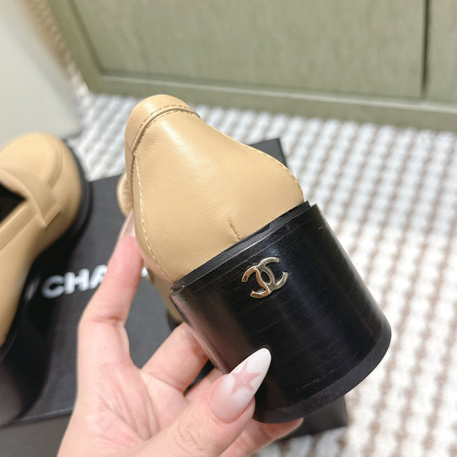 CHANEL 25S GODDESS MOCCASIN LOAFERS 65MM IN WARM BEIGE CALFSKIN GOLD HARDWARE