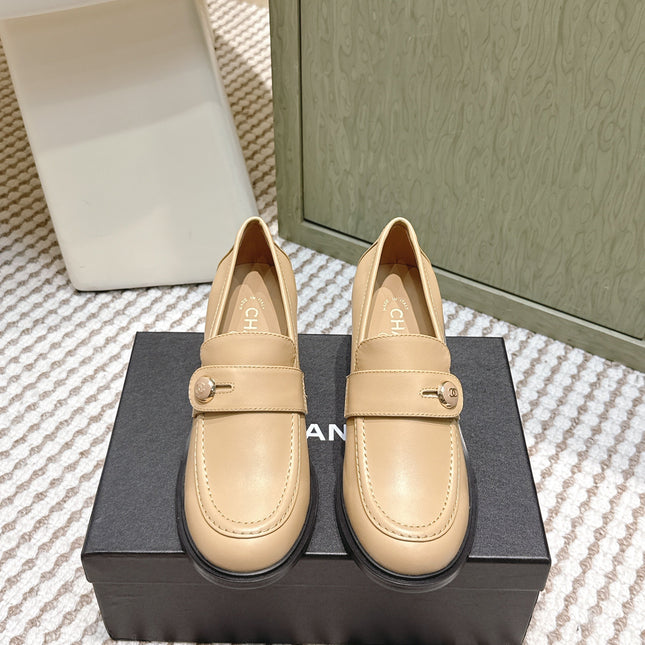 CHANEL 25S GODDESS MOCCASIN LOAFERS 65MM IN WARM BEIGE CALFSKIN GOLD HARDWARE