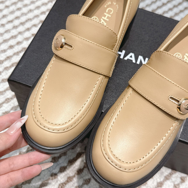 CHANEL 25S GODDESS MOCCASIN LOAFERS 65MM IN WARM BEIGE CALFSKIN GOLD HARDWARE