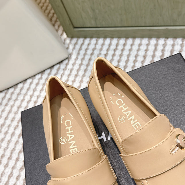 CHANEL 25S GODDESS MOCCASIN LOAFERS 65MM IN WARM BEIGE CALFSKIN GOLD HARDWARE