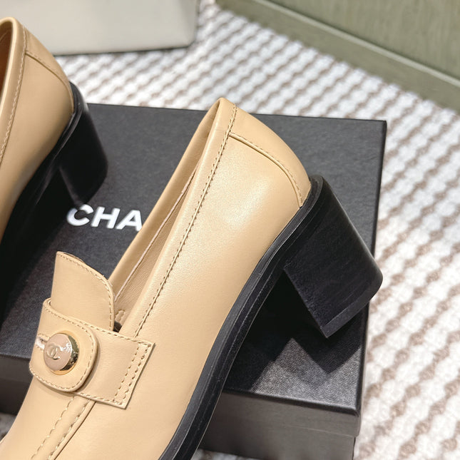 CHANEL 25S GODDESS MOCCASIN LOAFERS 65MM IN WARM BEIGE CALFSKIN GOLD HARDWARE