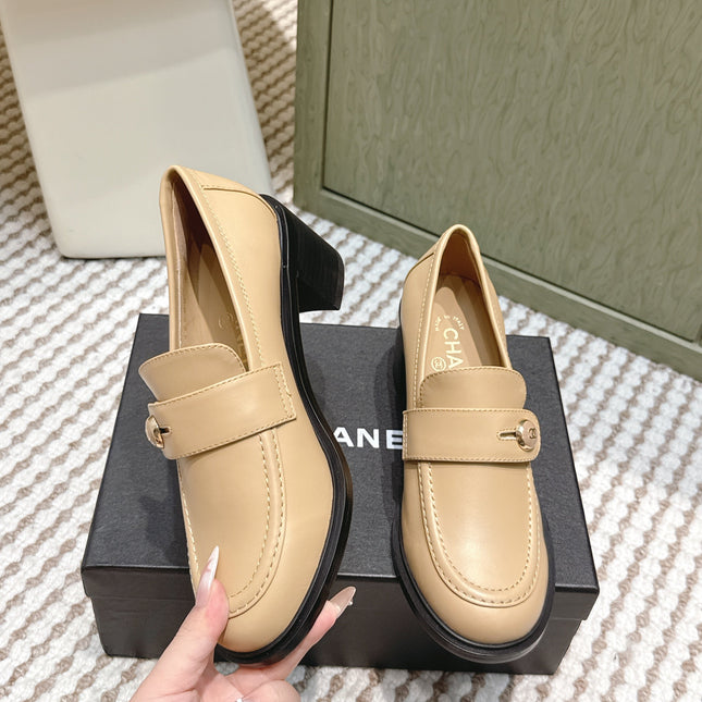 CHANEL 25S GODDESS MOCCASIN LOAFERS 65MM IN WARM BEIGE CALFSKIN GOLD HARDWARE